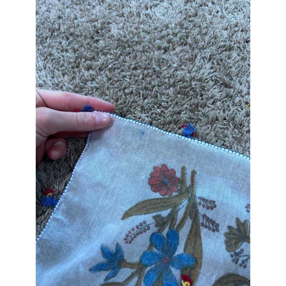 Vintage Floral Square Head Scarf White Sheer Tassel Boho Prarie Cottagecore